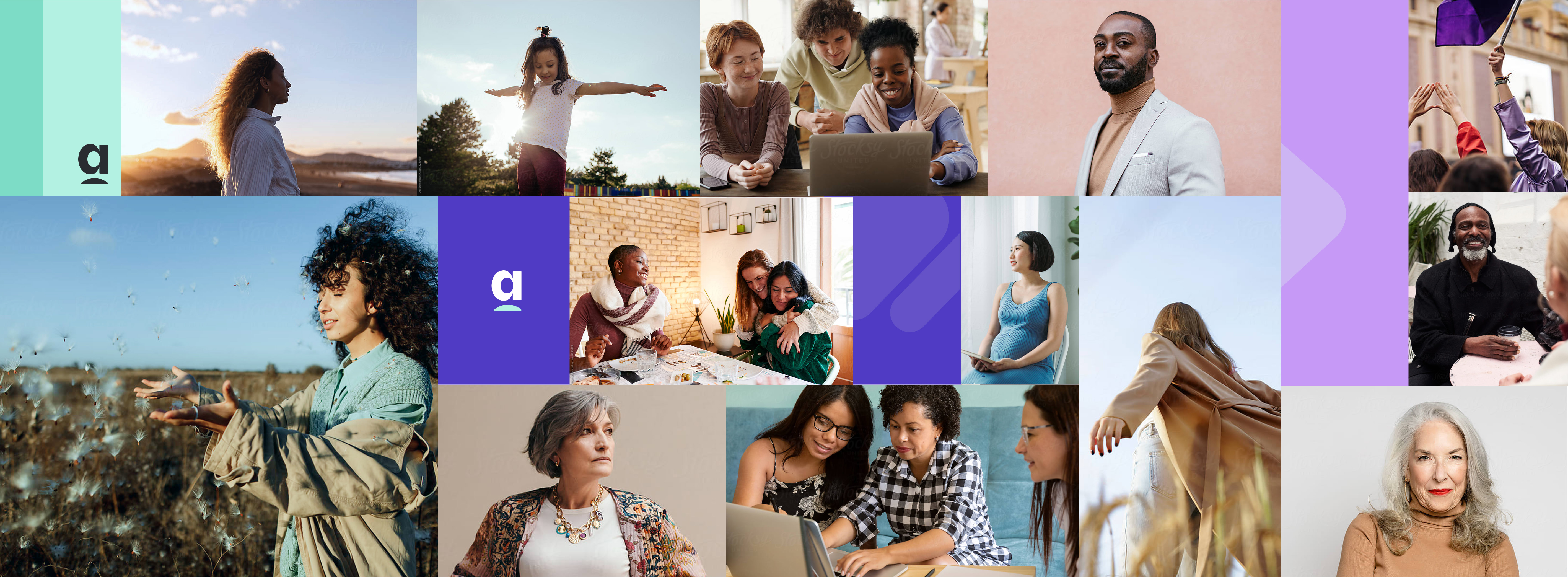 Apolitical vision board combining portraits, community photography, and mint and purple brand colors.