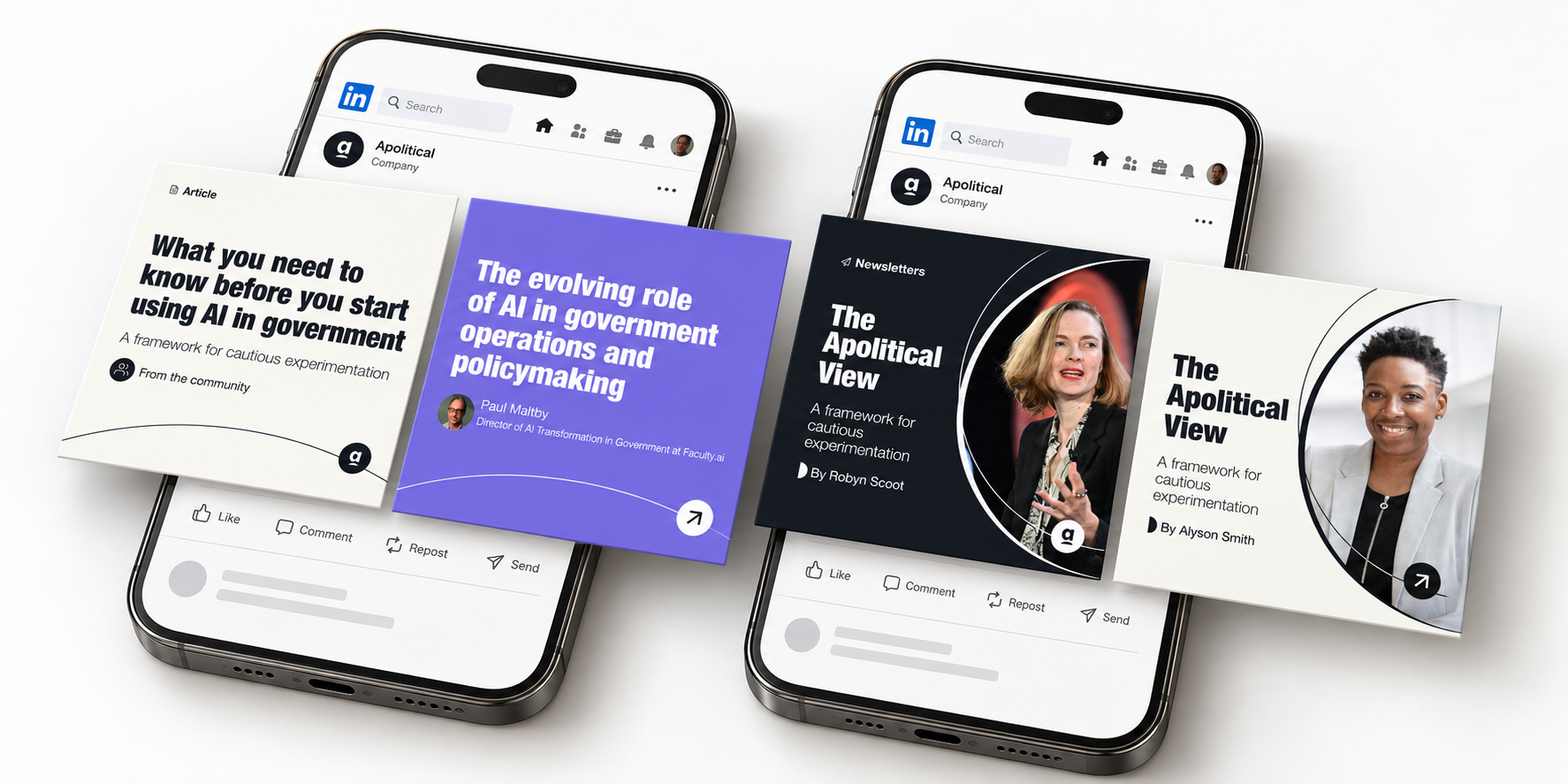 Apolitical article and newsletter designs on LinkedIn.