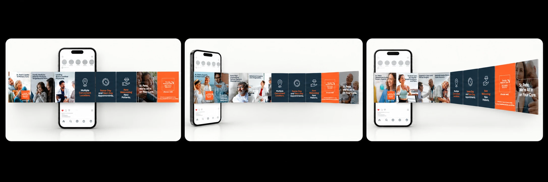 Social Carousels — St. Pete primary care, cardiology and surgery campaign mockups