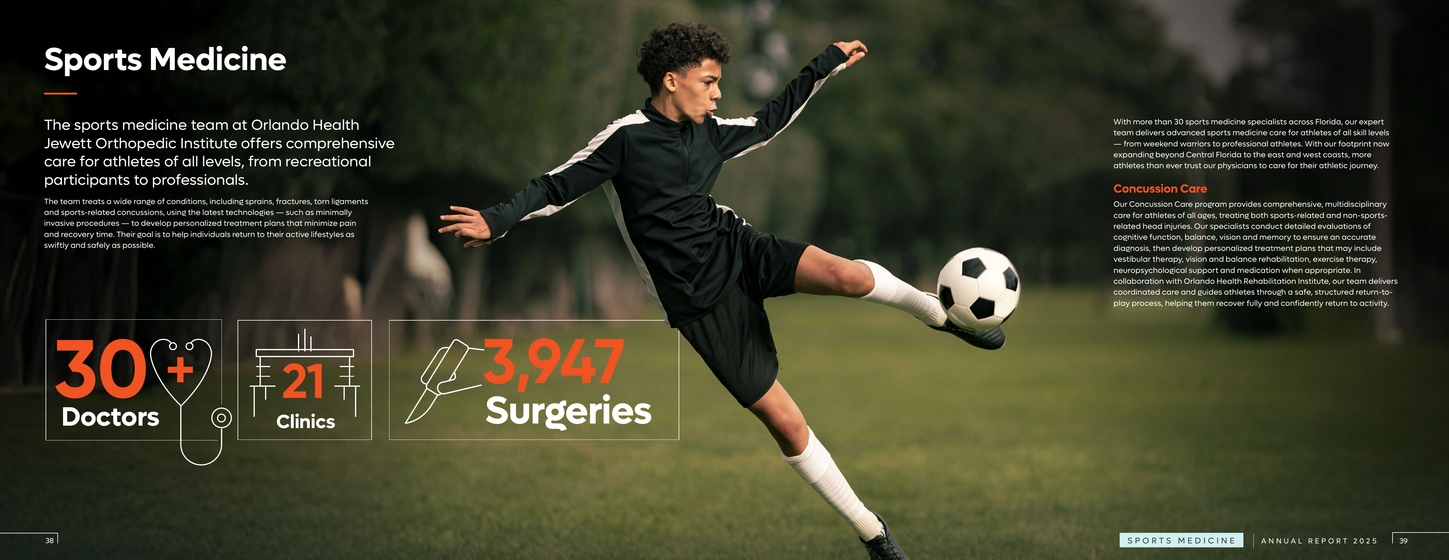 Sports Medicine spread with a soccer player and performance metrics