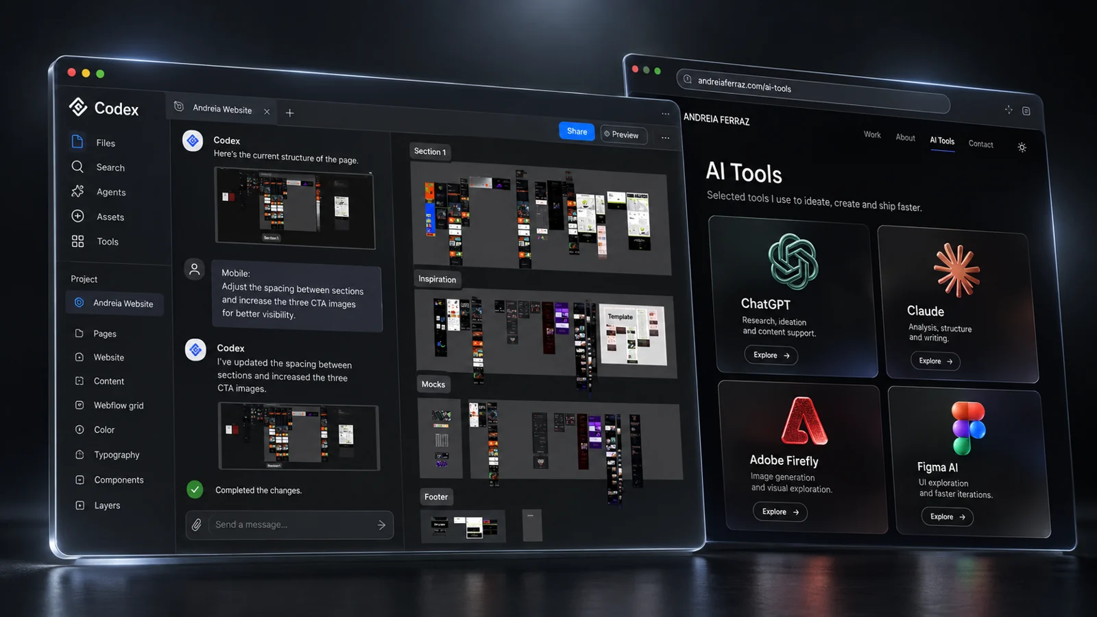 Mockup showing Codex-assisted portfolio development and design refinement