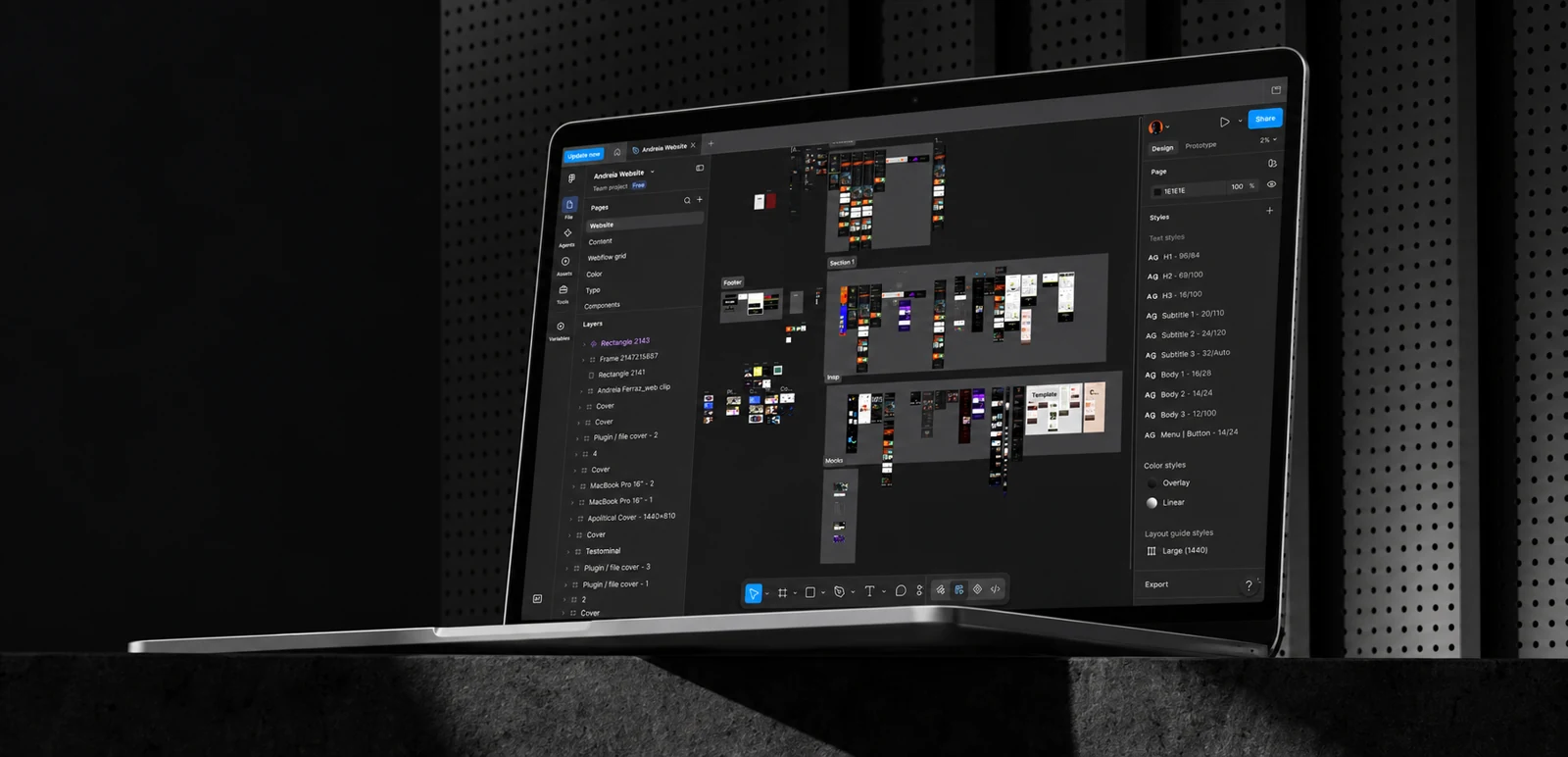 Portfolio layout explorations and visual styles in the Figma workspace