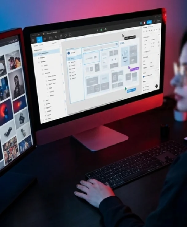 Figma workspace explored with magenta and blue lighting