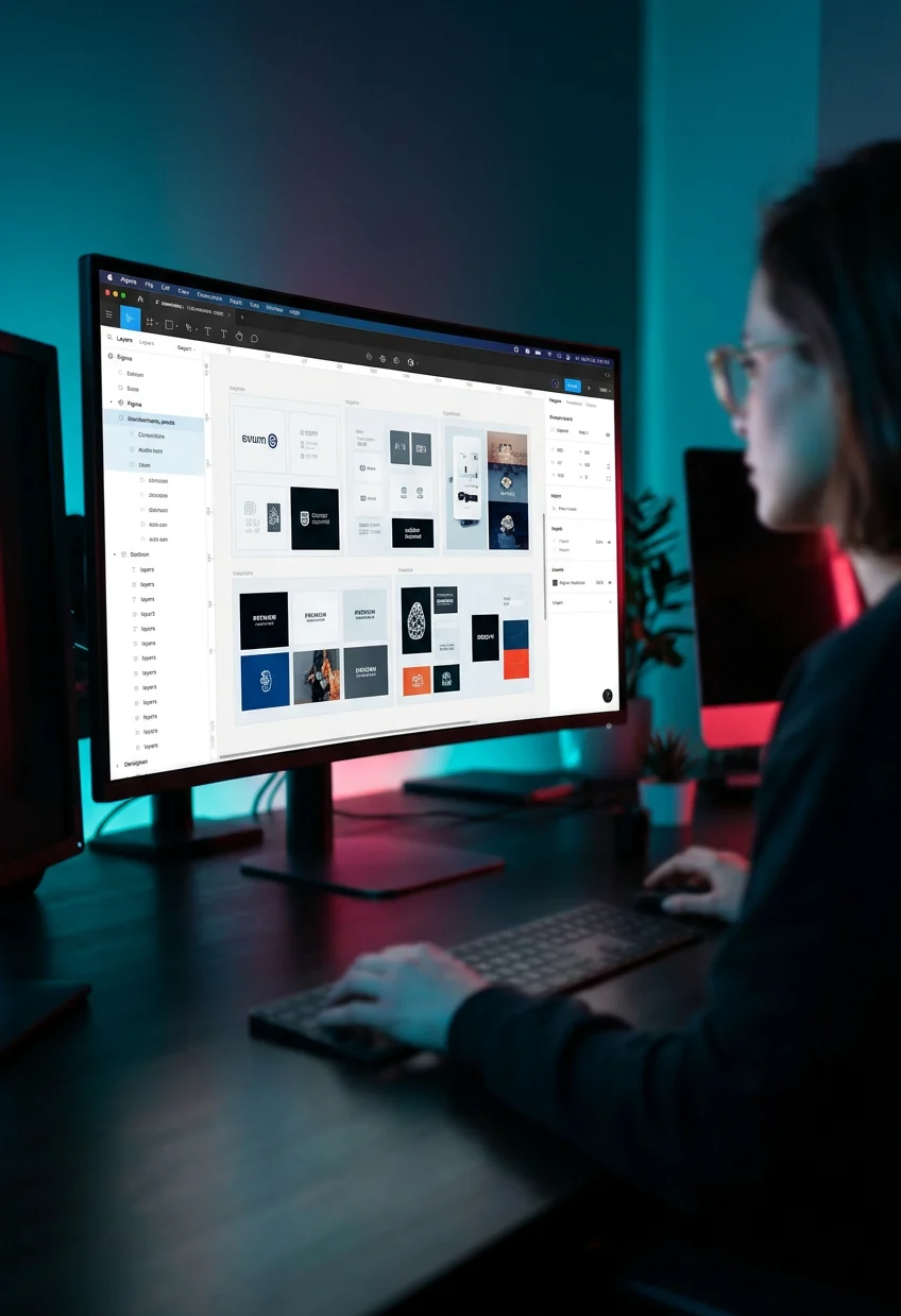 Brand system on a monitor with cyan studio lighting