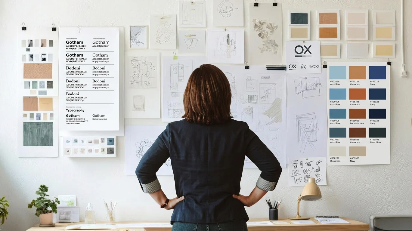 Designer reviewing typography and palette explorations